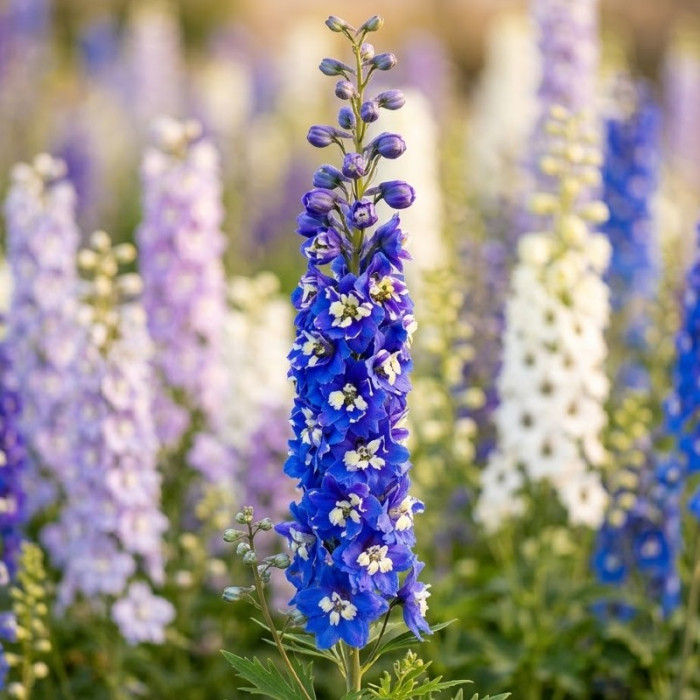 Фото Дельфініум Меджик Фаунтс Дарк Блю Вайт Бі (Magic Fountains Dark Blue with White Bee)